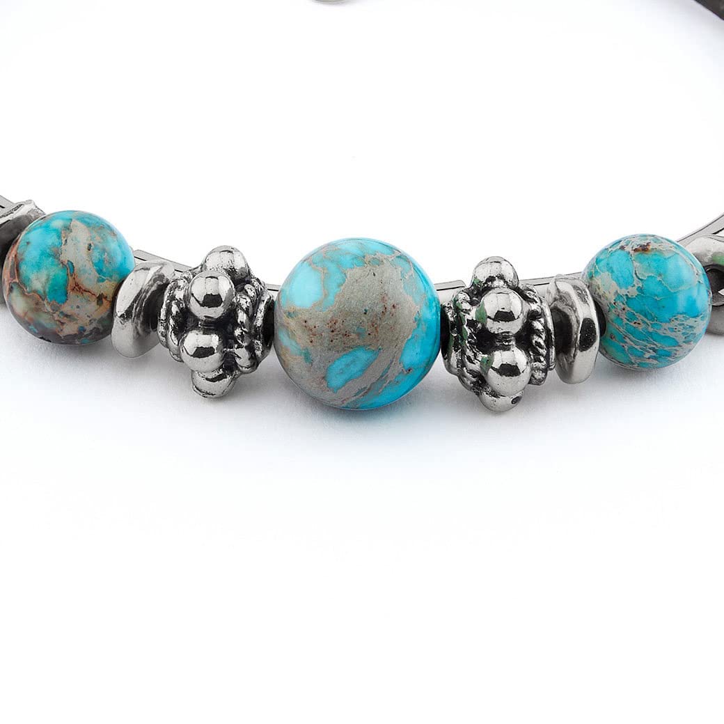 Lizzy James Basil Adjustable Double Natural Black Leather Strand & Silver Bracelet with Semi Precious Turquoise Beads for Women