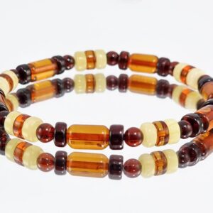 AMBER ALEX Multi-Color Amber Round, Barrel & Tablet Beads Stretch Bracelet. Genuine Baltic Amber.