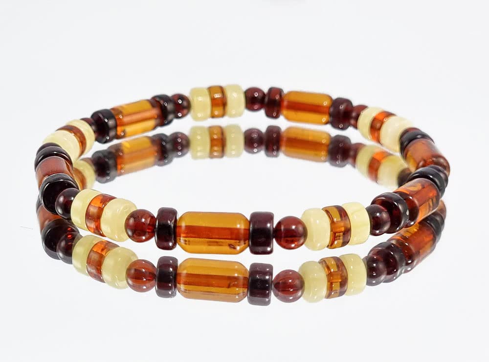 AMBER ALEX Multi-Color Amber Round, Barrel & Tablet Beads Stretch Bracelet. Genuine Baltic Amber.