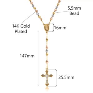 Savlano 14K Gold Plated Beaded Rosary Cross Necklace – 6.5MM Crucifix Cross Medallion Rosary Chain Y-Necklace for Women & Men Religious Jewelry Comes in Gold, Gold-Rose-Silver with a Gift Box (Tricolor)