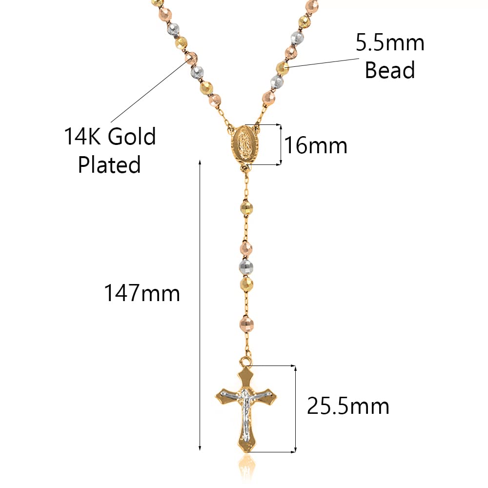 Savlano 14K Gold Plated Beaded Rosary Cross Necklace – 6.5MM Crucifix Cross Medallion Rosary Chain Y-Necklace for Women & Men Religious Jewelry Comes in Gold, Gold-Rose-Silver with a Gift Box (Tricolor)