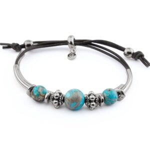 lizzy james basil adjustable double natural black leather strand & silver bracelet with semi precious turquoise beads for women