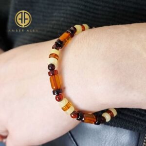 AMBER ALEX Multi-Color Amber Round, Barrel & Tablet Beads Stretch Bracelet. Genuine Baltic Amber.