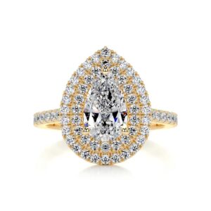 Solid Gold Handmade Engagement Rings 3 CT Pear Cut Moissanite Diamond Double Halo Bridal Wedding Ring for Anniversary Propose Gift (14K Solid Yellow Gold)