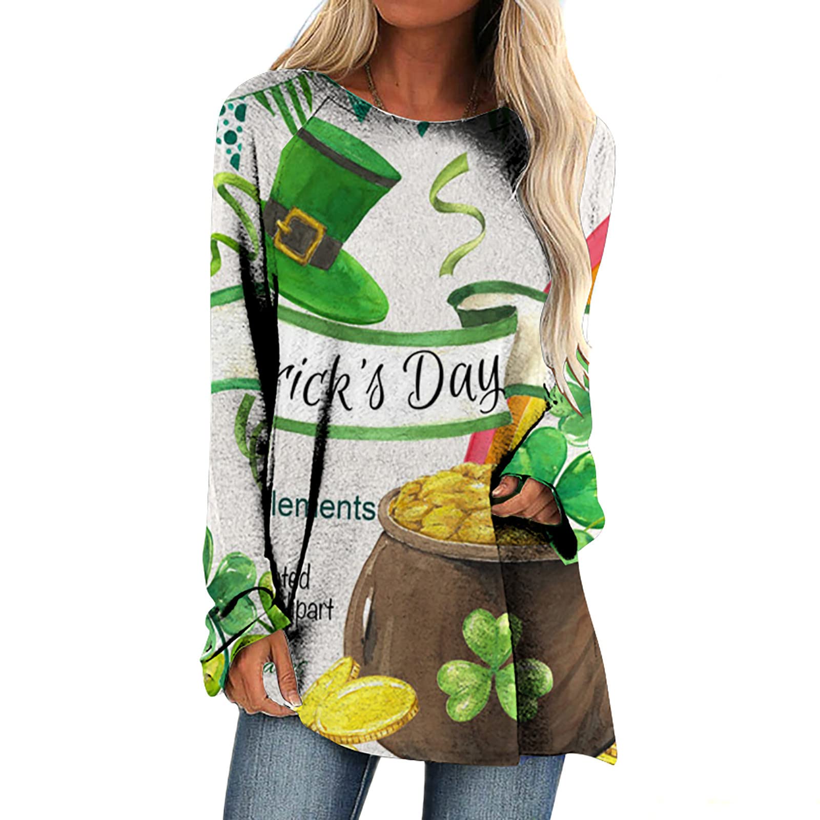 ZunFeo St Patrick's Day Shirt Women Long Sleeve Loose Fit Shamrock Graphic Oversized T Shirts Workout Blouse Loose Fit Trendy