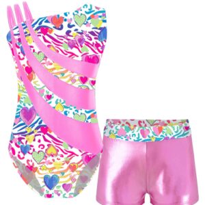 Hansber Kids Girls Sleeveless Leotard Gymnastics with Shorts Athletic Biketard Unitard 2 Piece Dance Outfits Pink 8