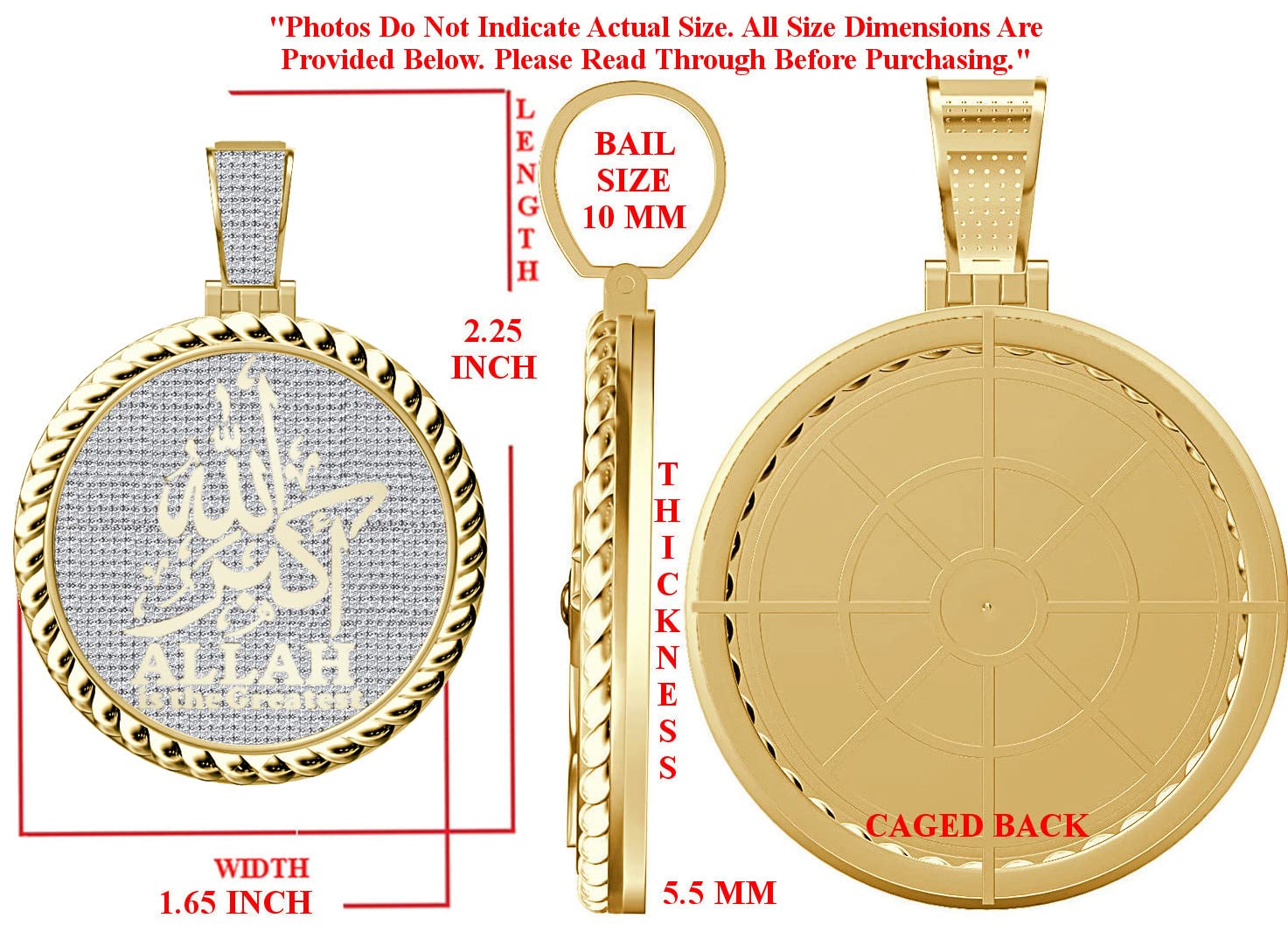 JewelBooth Real Genuine 2.00 Cwt. VVS1 MOISSANITE Diamond 25+ Grams Allahu Akbar Allah Is The Greatest Muslim Takbir Charm 10K Gold On Pendant 2.25'' (Yellow Gold Finish)