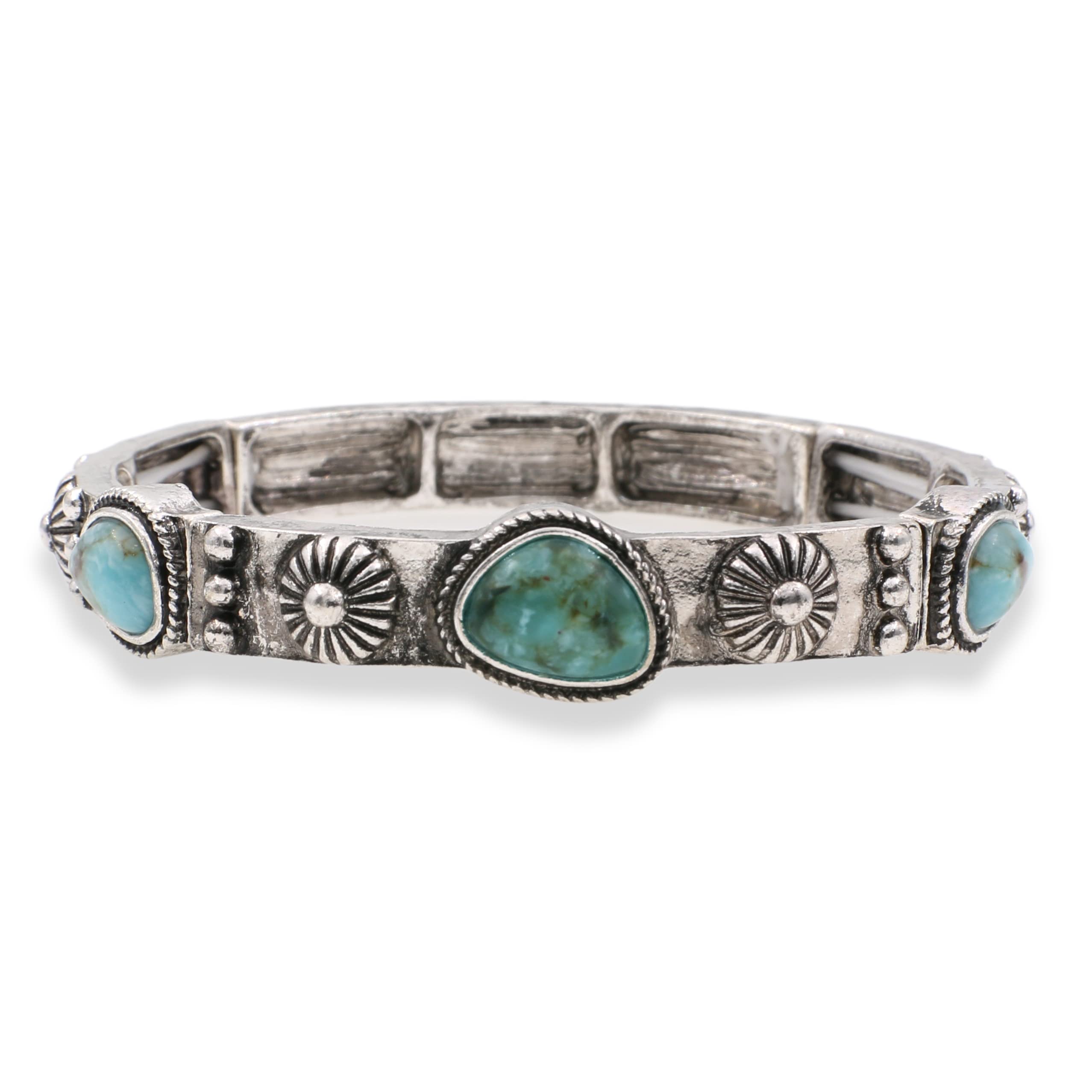 Elosee Western Style Turquoise Stone Stackable Antique Silver Tone Stretch Bracelet (#2)