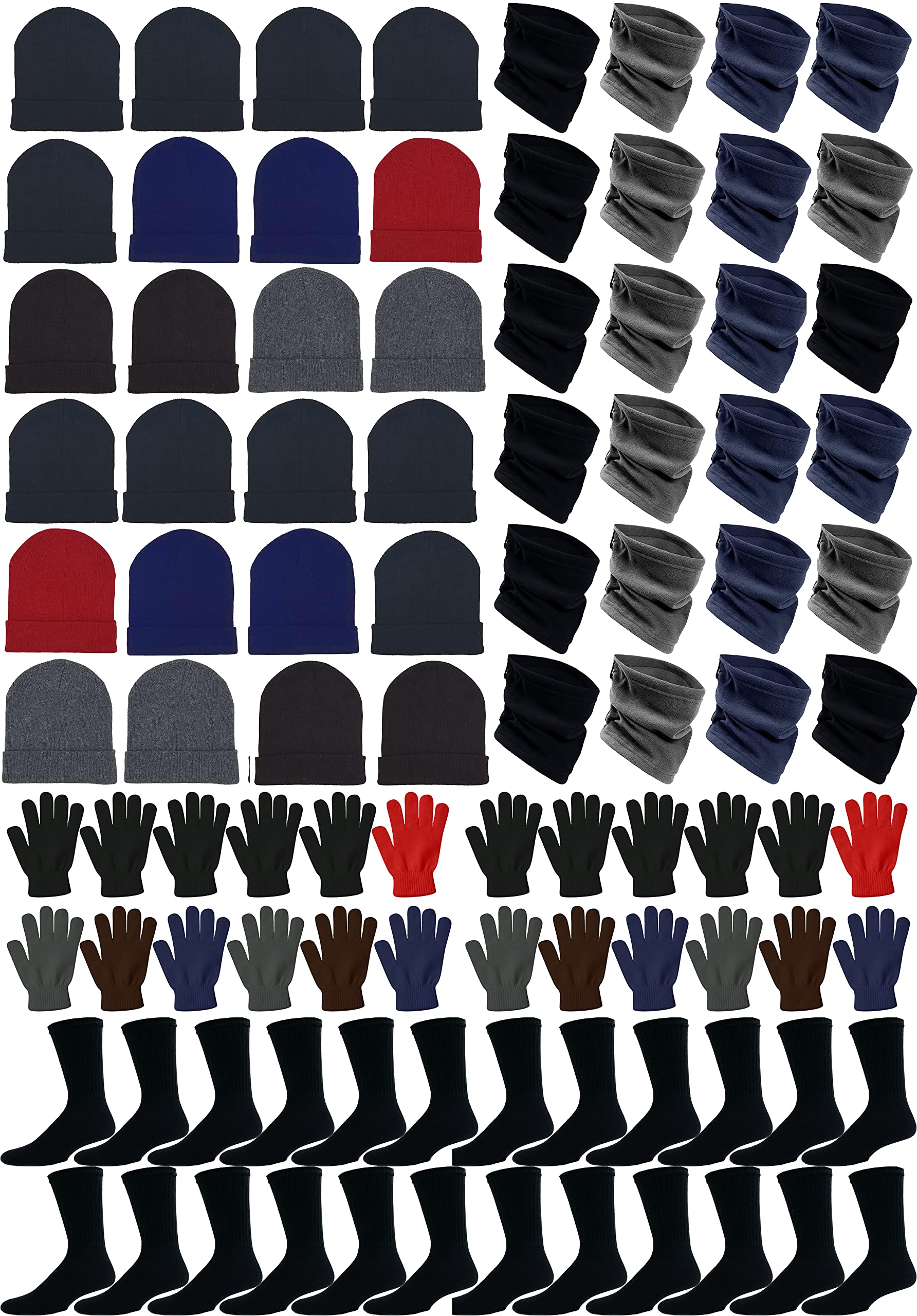 96x Winter Gloves, Beanies, Crew Socks, Neck Warmers Donation Charity Care Bulk Bundle (24 Beanies / 24 Pairs Gloves / 24 Neck Gaiters / 24 Pairs Crew Socks(Black))