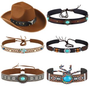 6 Pcs Cowboy Hat Band Replacement Ethnic Western Hat Belts Rural Classical Mexican Turquoise Hatbands (Classic Style)