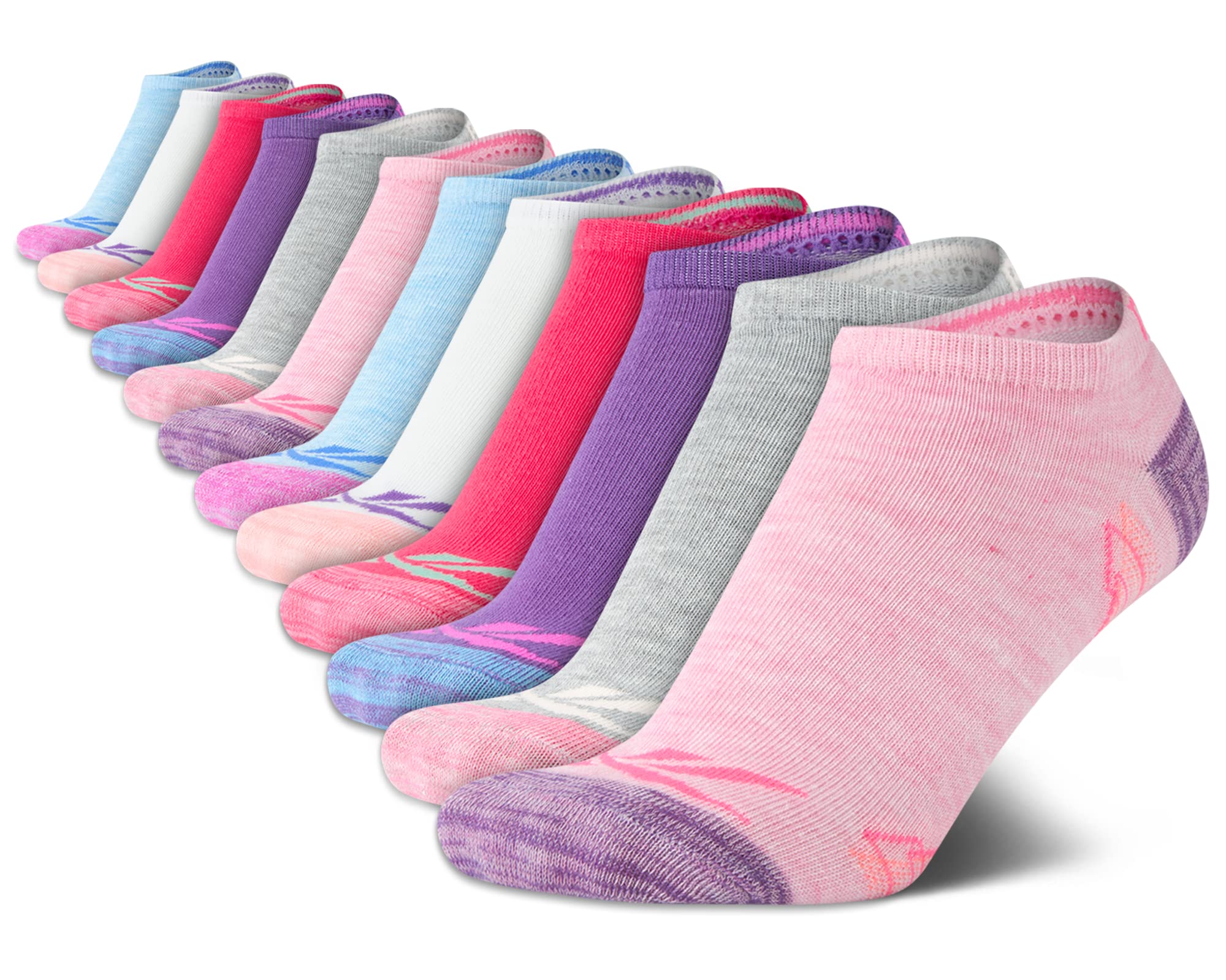 Reebok Girls' Low Cut Socks – 12 Pack Lightweight Breathable Low Cut No Show Socks for Girls - Girl's Athletic Socks, Size Medium, Pink Assorted