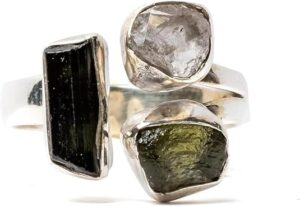 moldavite, black tourmaline, herkimer diamond ring with certified czech republic natural gemstone 925 solid sterling silver handmade jewelry (9.5)