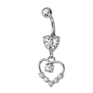 pierced owl 14ga 316l stainless steel cz crystal hollow heart shaped dangling belly button ring (silver tone)