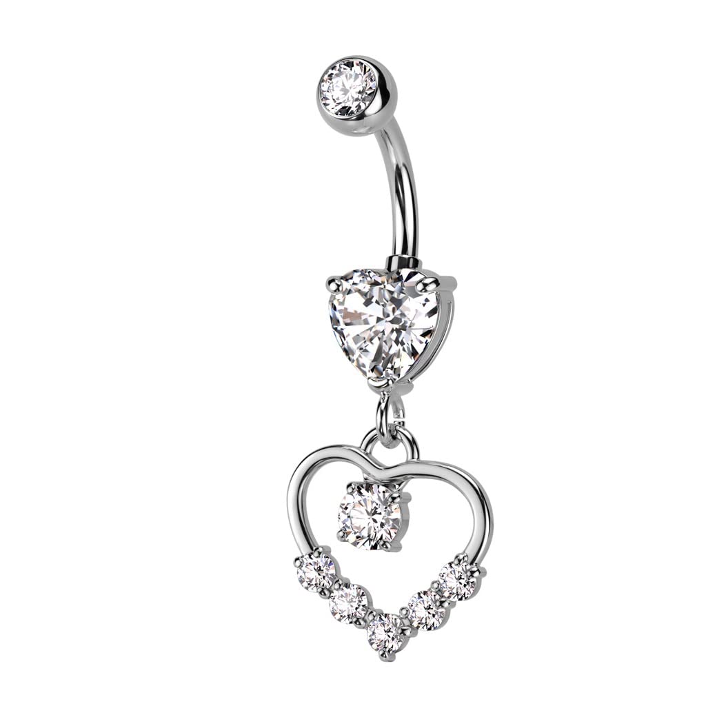 Pierced Owl 14GA 316L Stainless Steel CZ Crystal Hollow Heart Shaped Dangling Belly Button Ring (Silver Tone)