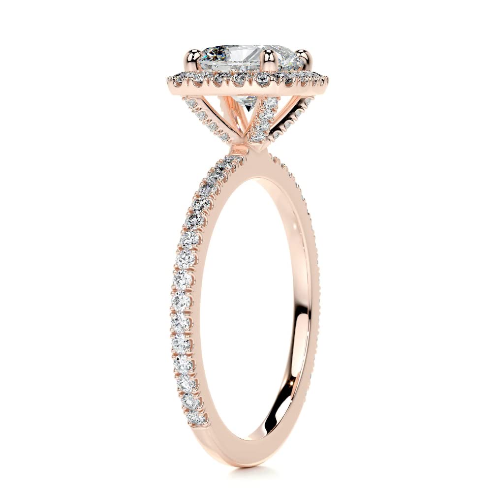 Solid Gold Handmade Engagement Ring 2 CT Radiant Cut Moissanite Diamond Halo Bridal Wedding Ring for Anniversary Propose Gift (10K Solid Rose Gold)