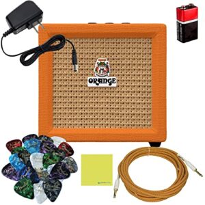 orange amps crush mini 3w guitar amp combo set with power adapter, pig hog instrument cable, 24x guitar picks, battery & liquid audio polishing cloth - portable mini amplifier, guitar amplifier