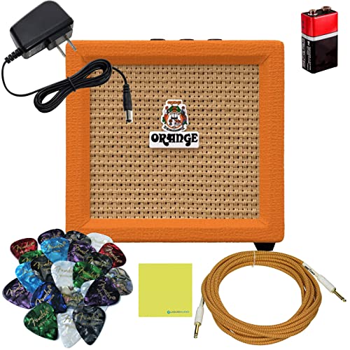 Orange Amps Crush Mini 3W Guitar Amp Combo Set with Power Adapter, Pig Hog Instrument Cable, 24x Guitar Picks, Battery & Liquid Audio Polishing Cloth - Portable Mini Amplifier, Guitar Amplifier