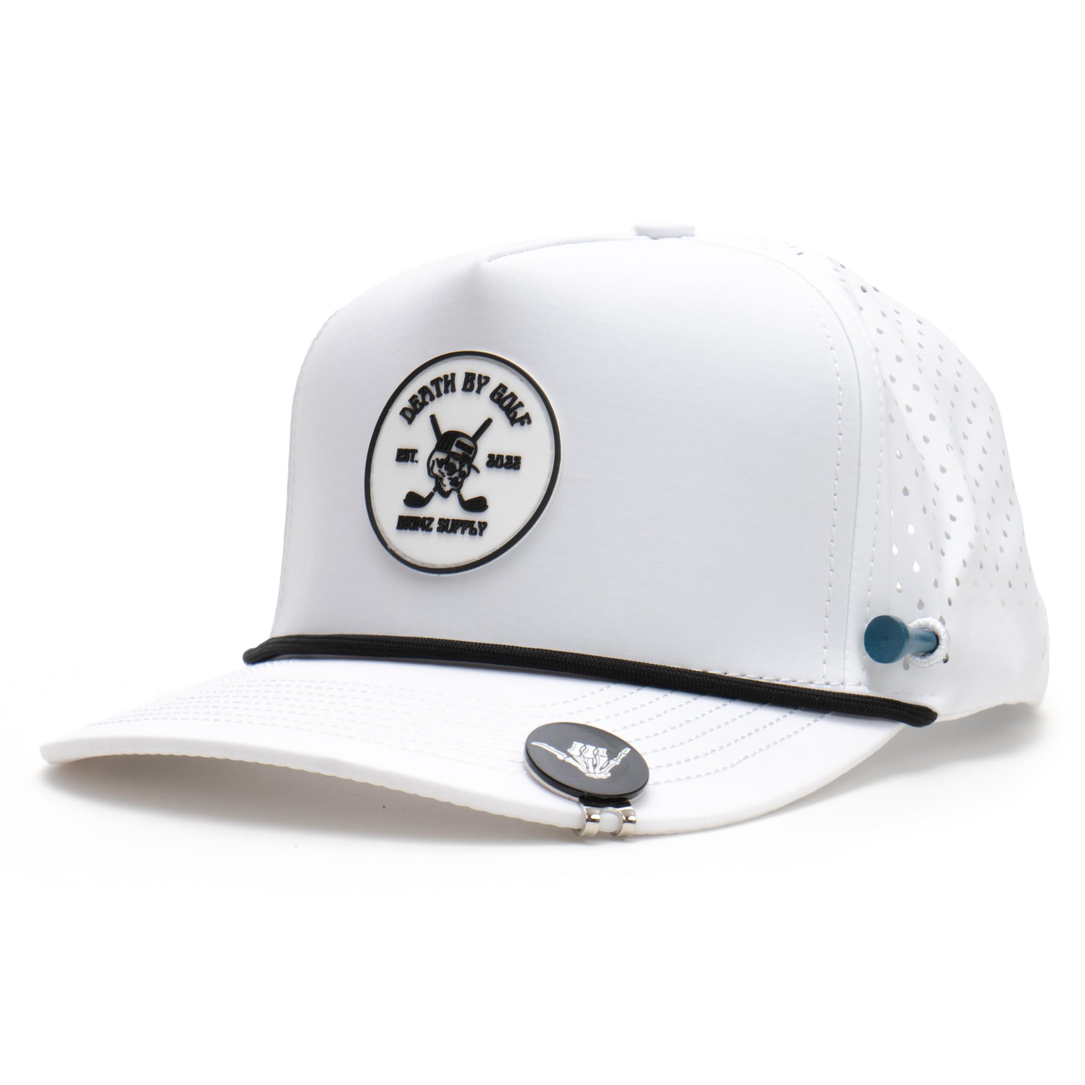 BRIMZ Golf Performance Hat - Breathable Sweat & Water Resistant Golfing Snapback Cap with Tee Holder & Magnetic Ball Marker (White)