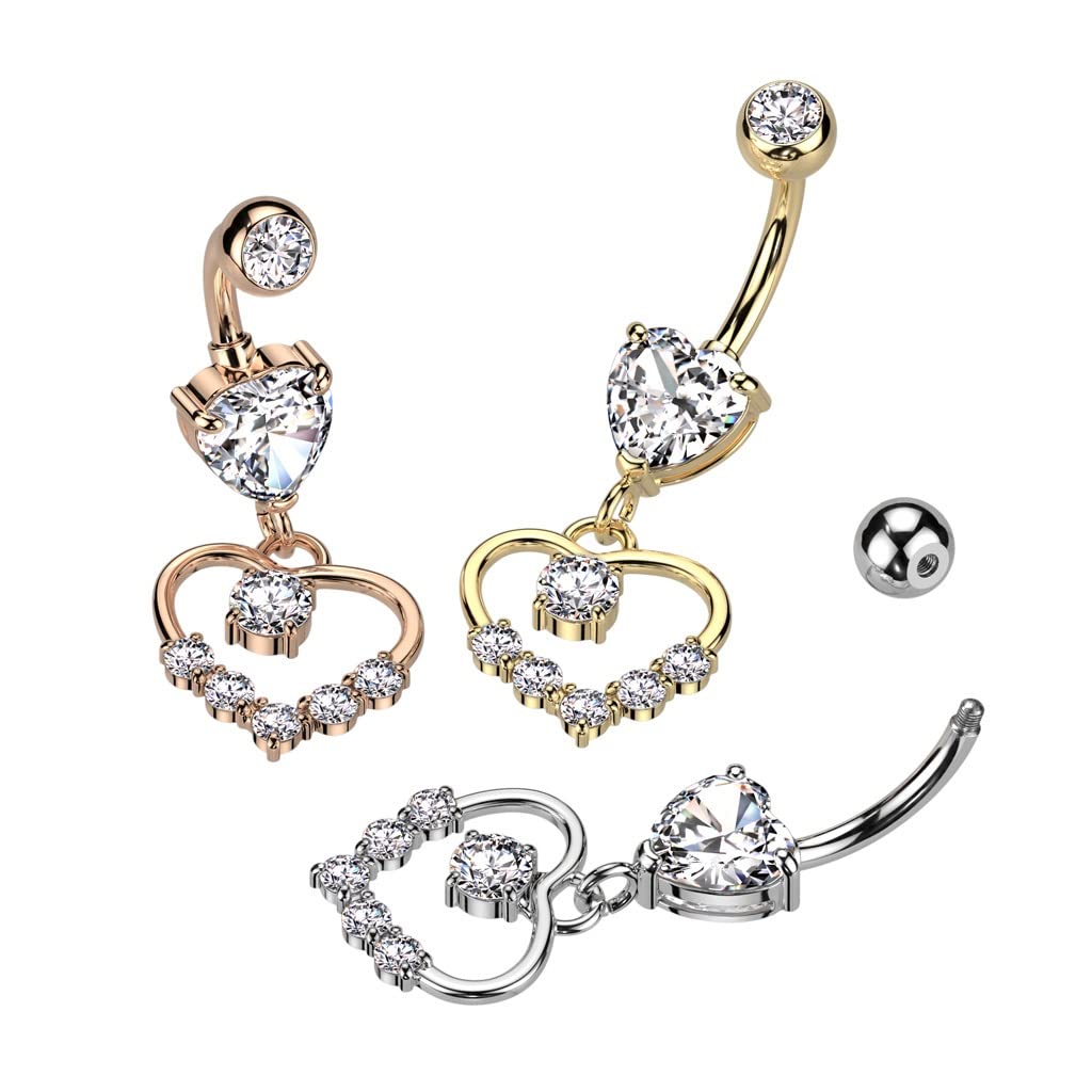 Pierced Owl 14GA 316L Stainless Steel CZ Crystal Hollow Heart Shaped Dangling Belly Button Ring (Silver Tone)