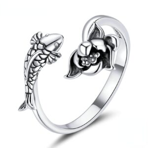 nimso 925 sterling silver koi lotus ring, adjustable band for women