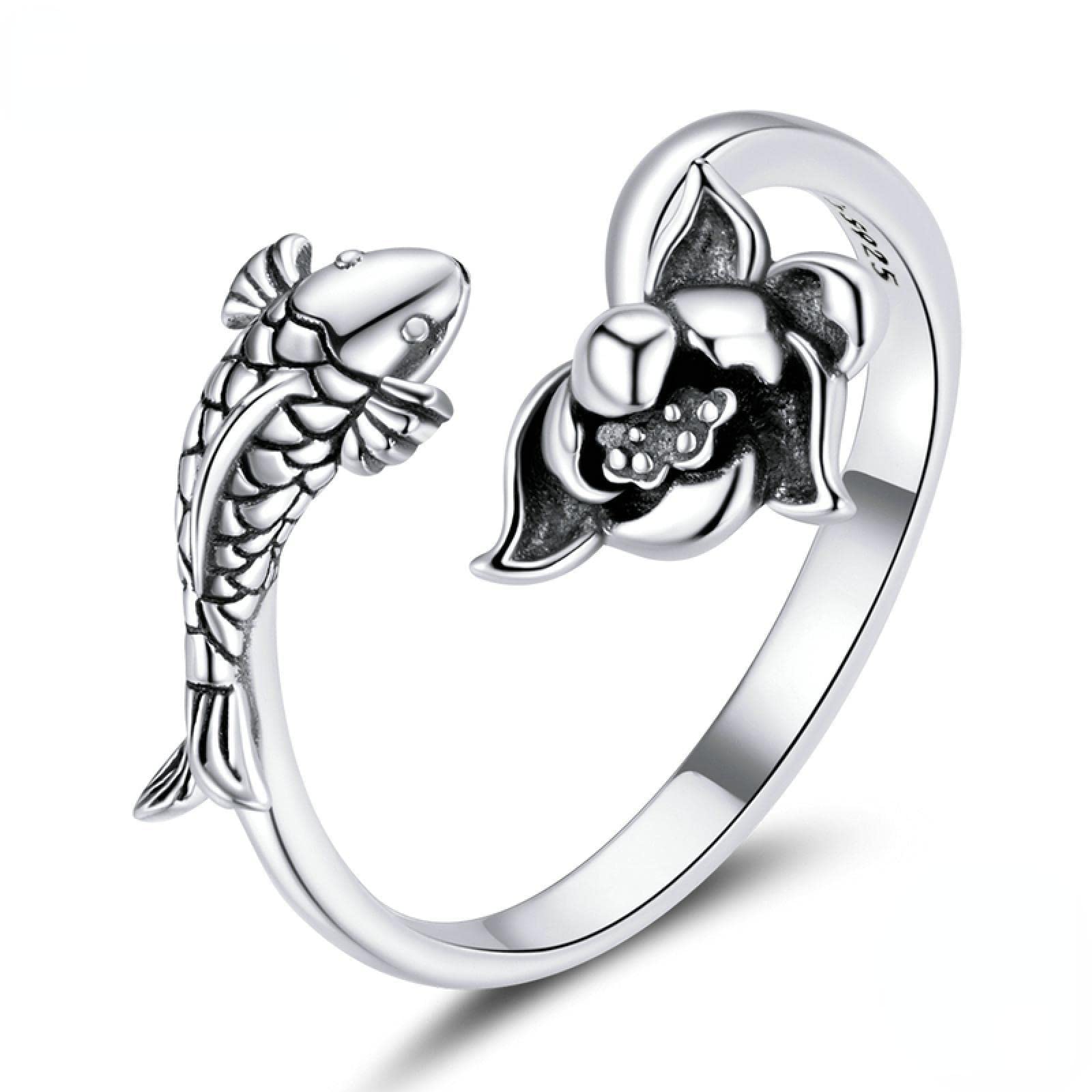 NIMSO 925 Sterling Silver Koi Lotus Ring, Adjustable Band For Women