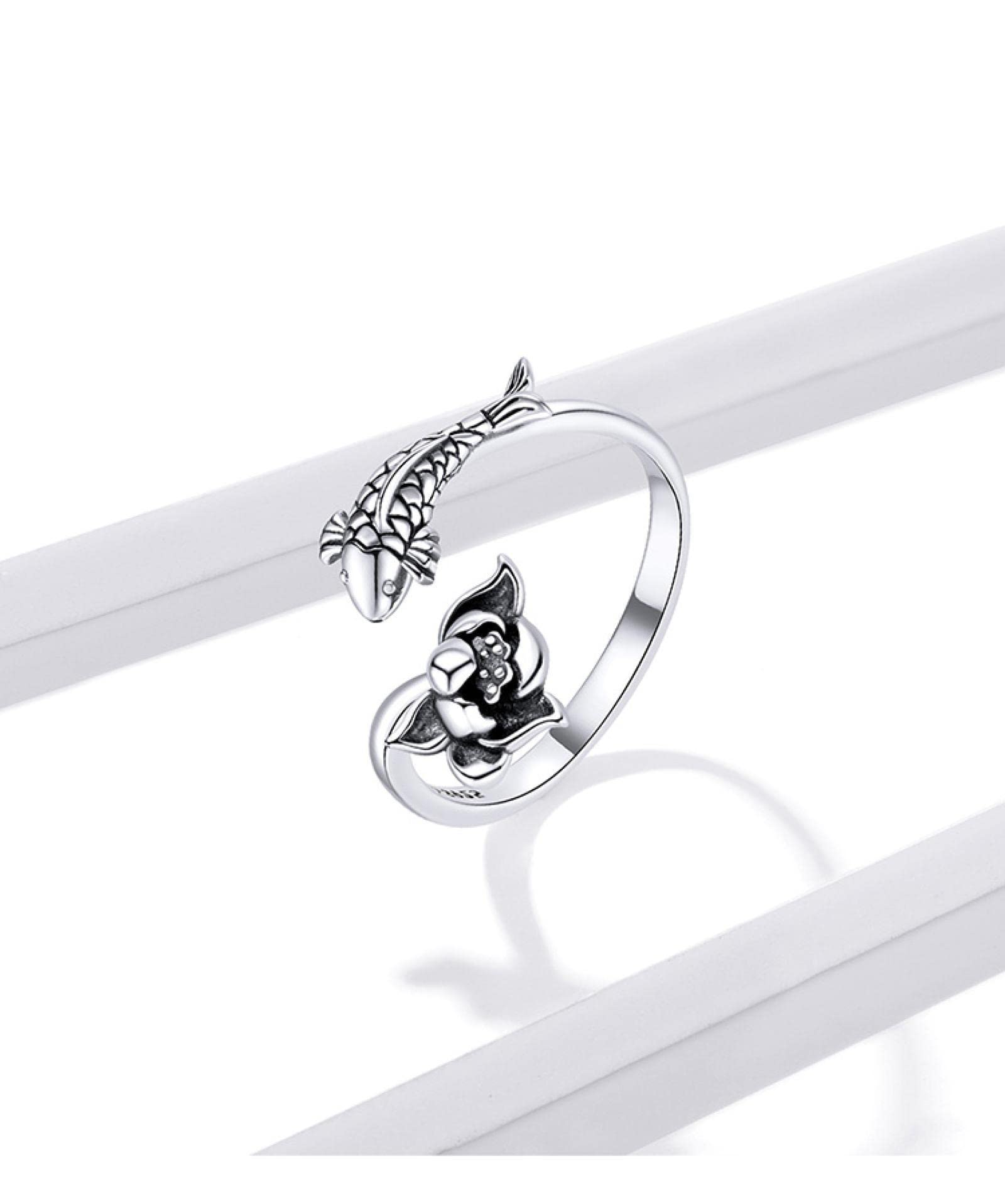 NIMSO 925 Sterling Silver Koi Lotus Ring, Adjustable Band For Women