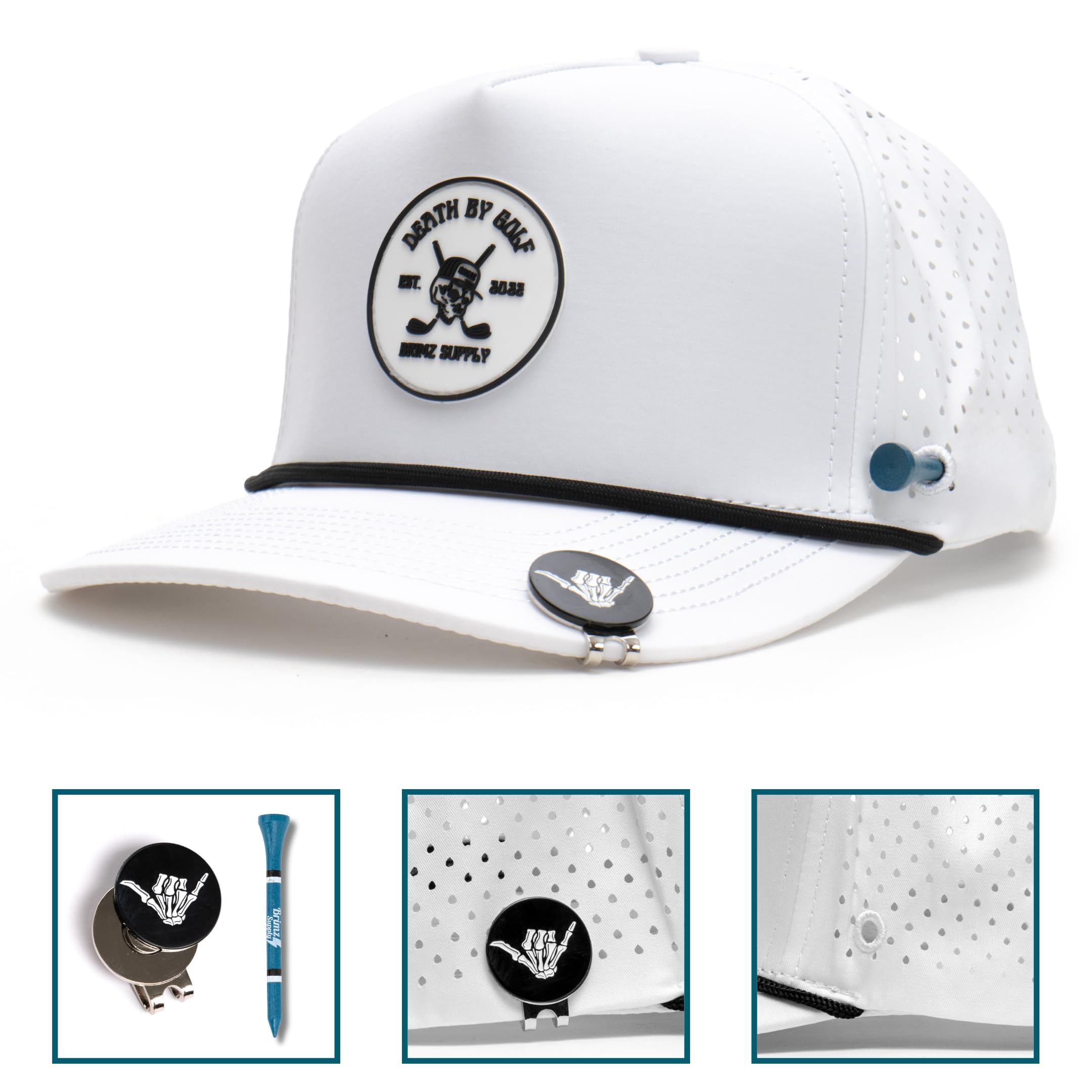 BRIMZ Golf Performance Hat - Breathable Sweat & Water Resistant Golfing Snapback Cap with Tee Holder & Magnetic Ball Marker (White)