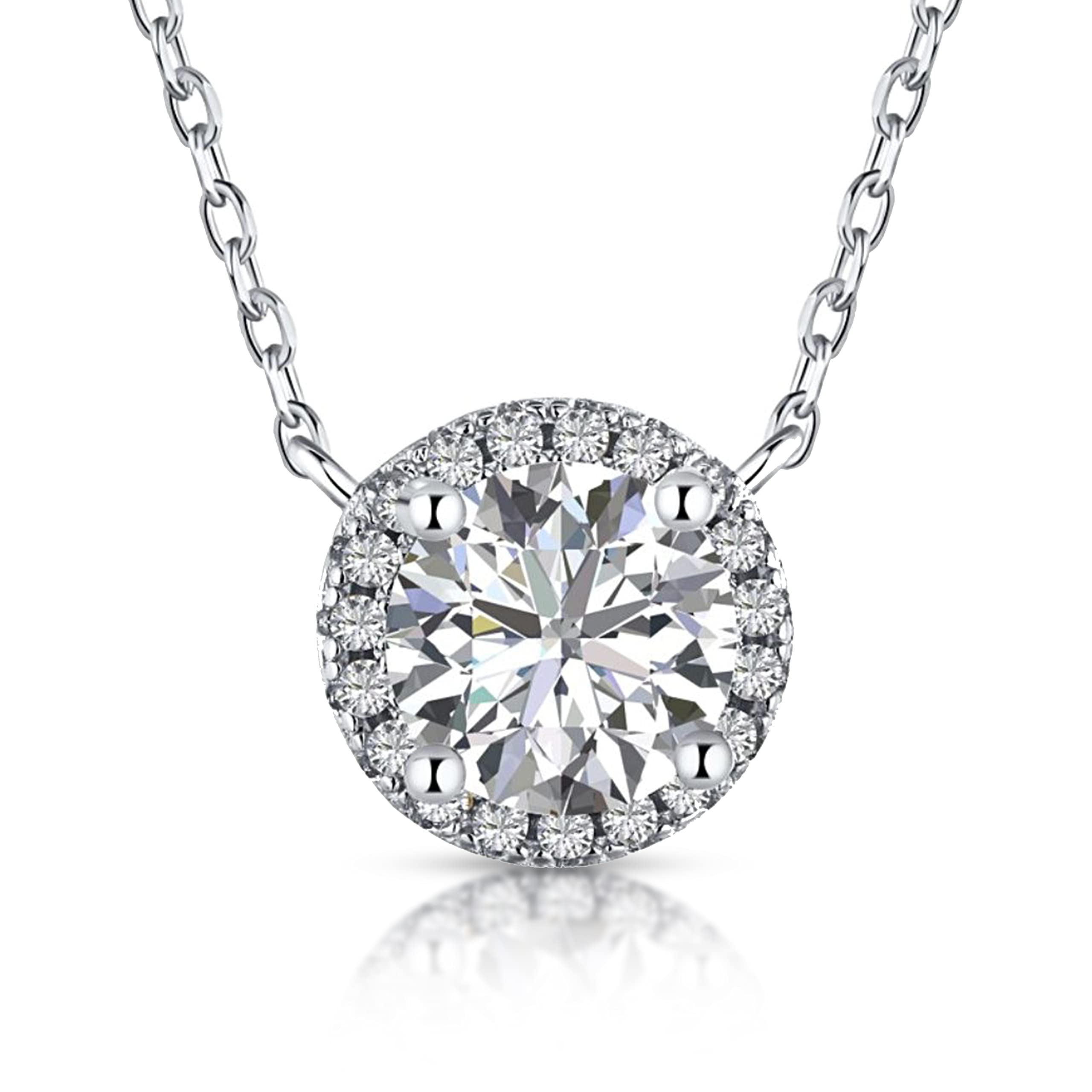 Ambica New York Solid 925 Sterling Silver Cubic Zirconia Solitaire Necklace - Faux Diamond Round Solitaire Halo Necklace – CZ Diamond Pendant Necklace- Minimalist Dainty Necklace for Women