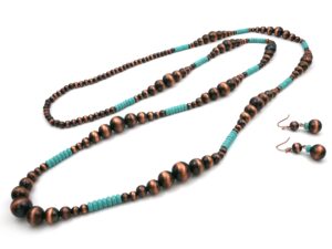 elosee western style turquoise and faux navajo bead 60 inch long strand necklace and french hook earrings (copper tone)