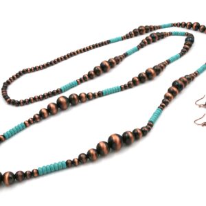 Elosee Western Style Turquoise and Faux Navajo Bead 60 Inch Long Strand Necklace and French Hook Earrings (Copper Tone)