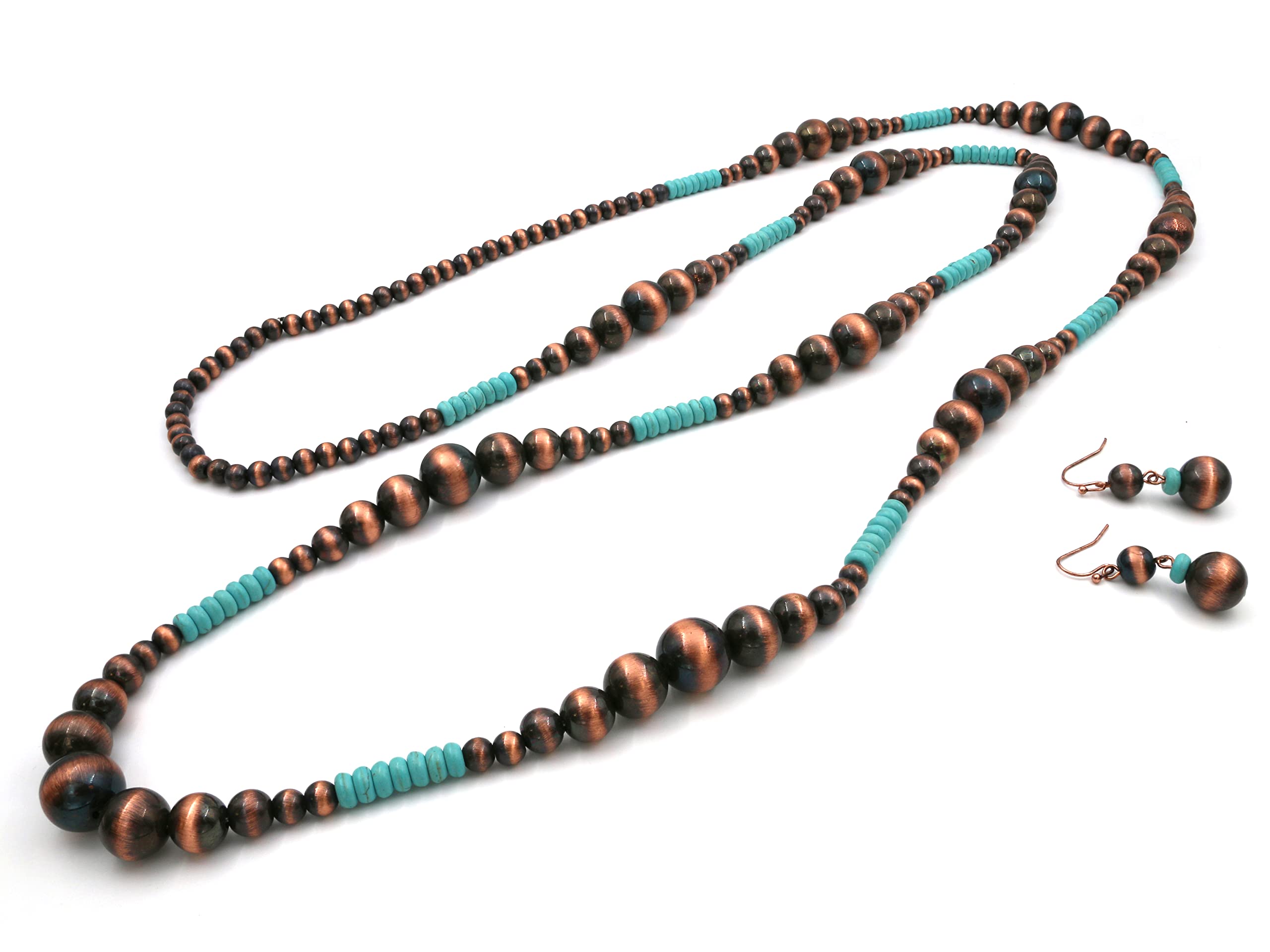 Elosee Western Style Turquoise and Faux Navajo Bead 60 Inch Long Strand Necklace and French Hook Earrings (Copper Tone)