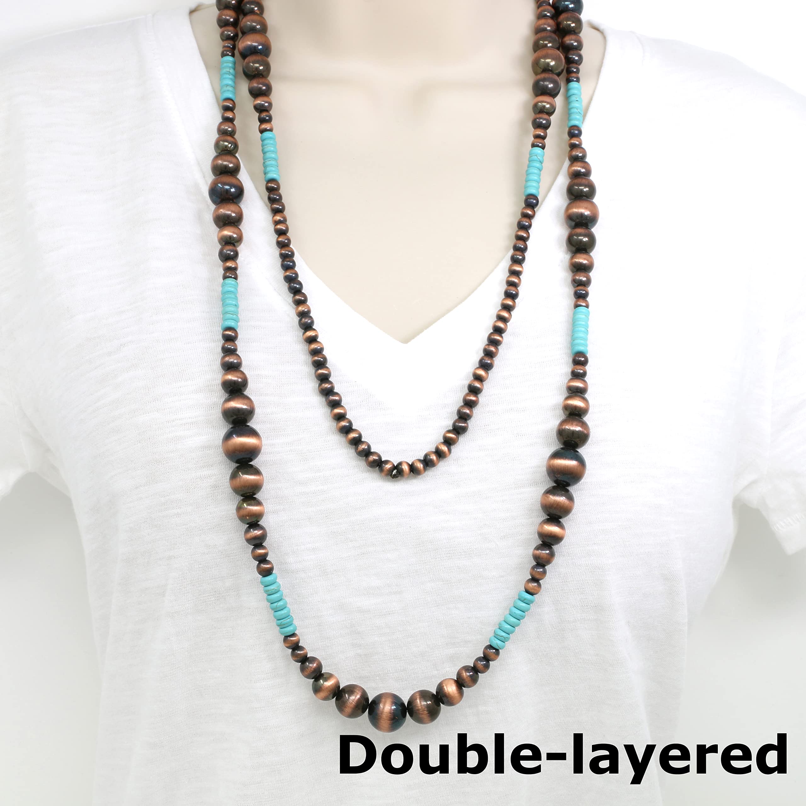 Elosee Western Style Turquoise and Faux Navajo Bead 60 Inch Long Strand Necklace and French Hook Earrings (Copper Tone)