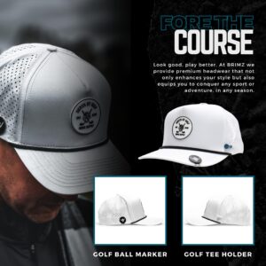 BRIMZ Golf Performance Hat - Breathable Sweat & Water Resistant Golfing Snapback Cap with Tee Holder & Magnetic Ball Marker (White)