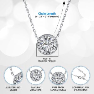 Ambica New York Solid 925 Sterling Silver Cubic Zirconia Solitaire Necklace - Faux Diamond Round Solitaire Halo Necklace – CZ Diamond Pendant Necklace- Minimalist Dainty Necklace for Women