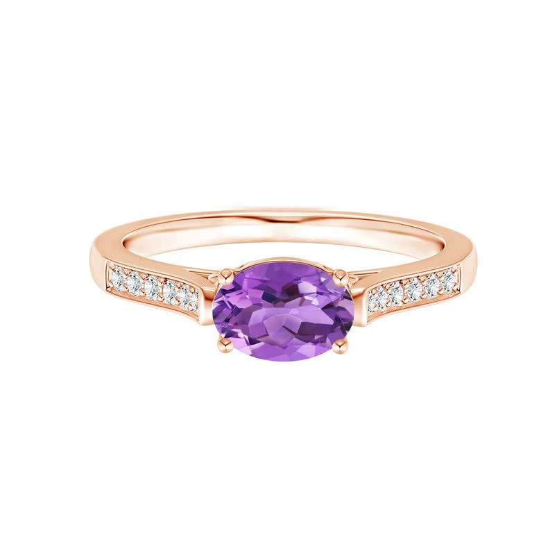 Oval 1.00 Ctw Amethyst Horizontal Set Solitaire Accents 925 Sterling Silver Women Valentine Day Ring (Rose Plated, 10)