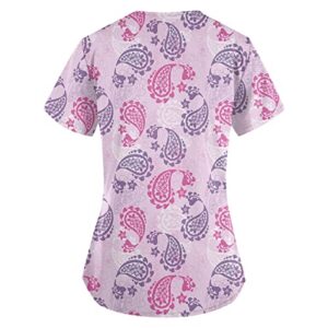 Women's Plus Size Scrub Tops Floral Printed Mock Neck Short Sleeve Undershirt Lightweight Fleece Pullover Women Purple