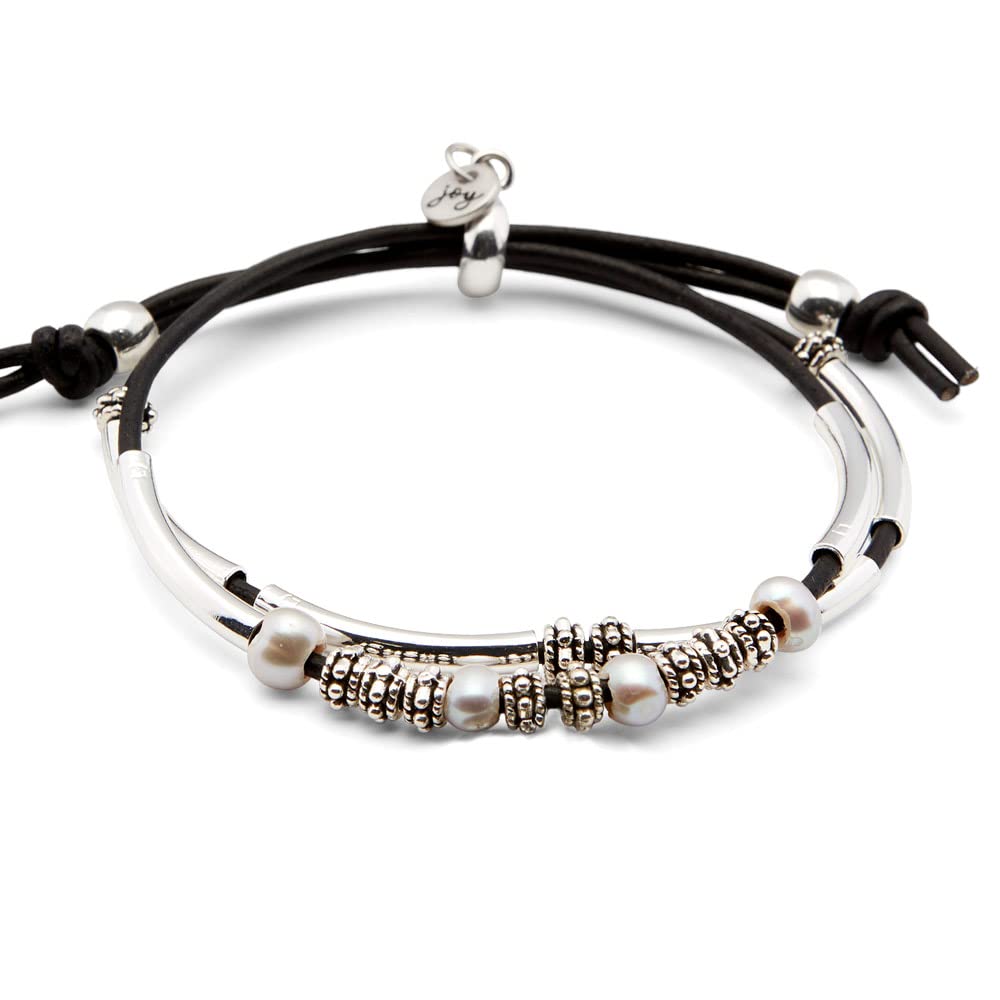 Lizzy James Kendall Adjustable 2 Strand Silver & Natural Black Leather Bracelet with Pearls for Women