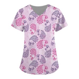 Women's Plus Size Scrub Tops Floral Printed Mock Neck Short Sleeve Undershirt Lightweight Fleece Pullover Women Purple