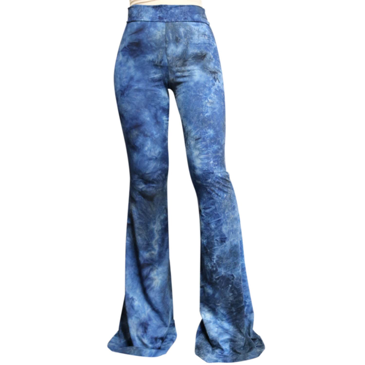 ShopMyTrend SMT Women's High Waist Wide Leg Long Bell Bottom Yoga Pants Small New Tie Dye Navy