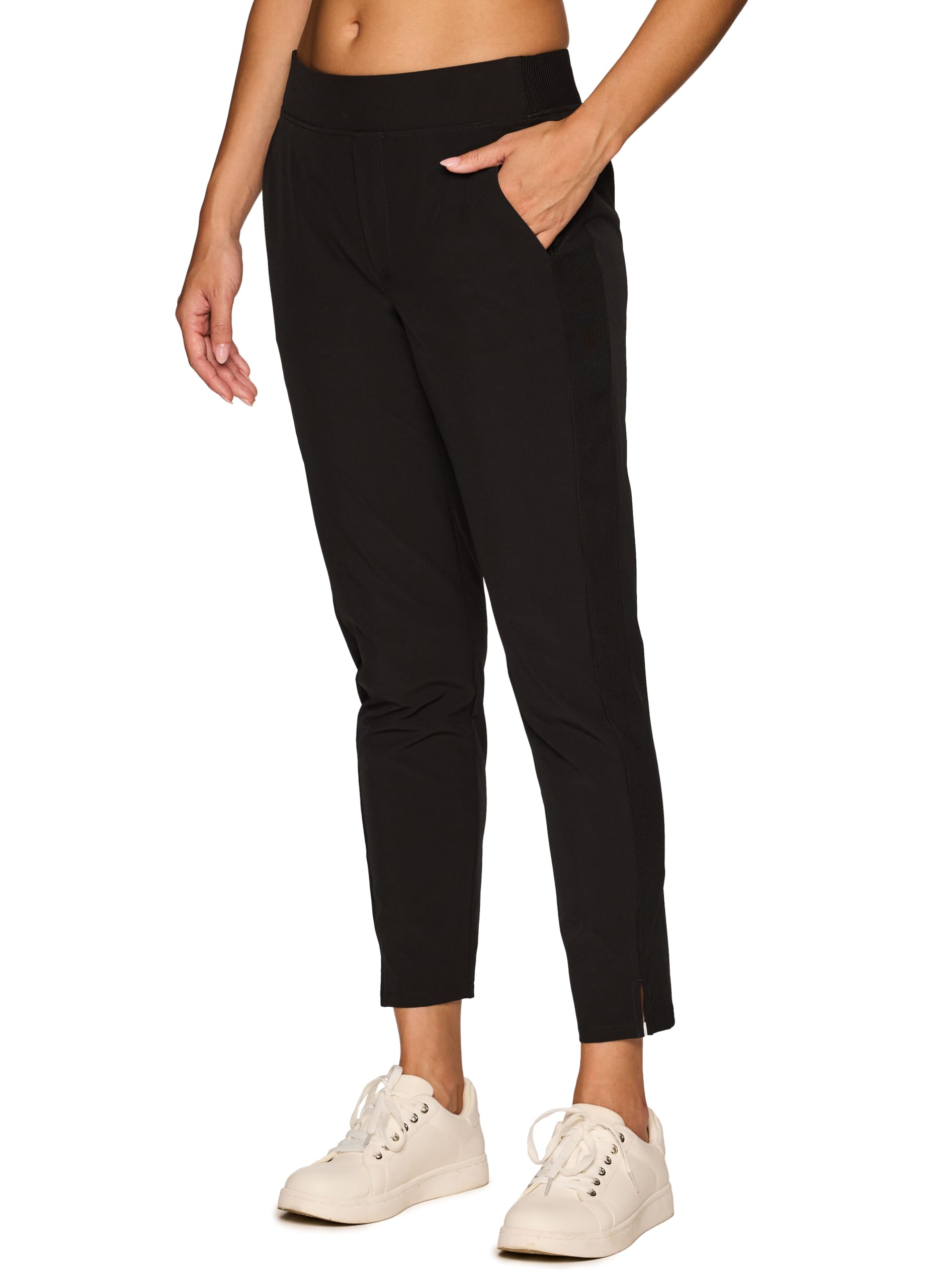 RBX Women's Quick Drying Woven Ankle Pant with Pockets Ribbed Side Jet Black S