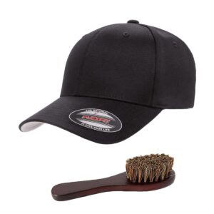 Flexfit Wooly Combed Men's Athletic Stretch Fitted Baseball Cap Bundle with THP Hat & Clothing Brush (L-XL|Black)