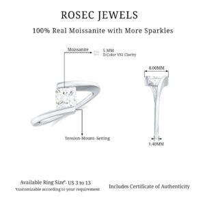 Rosec Jewels Certified Moissanite Solitaire Promise Ring, D-VS1 Quality, 5 MM Princess Cut Engagement Ring For Women, 14K White Gold, Size:US 7.50