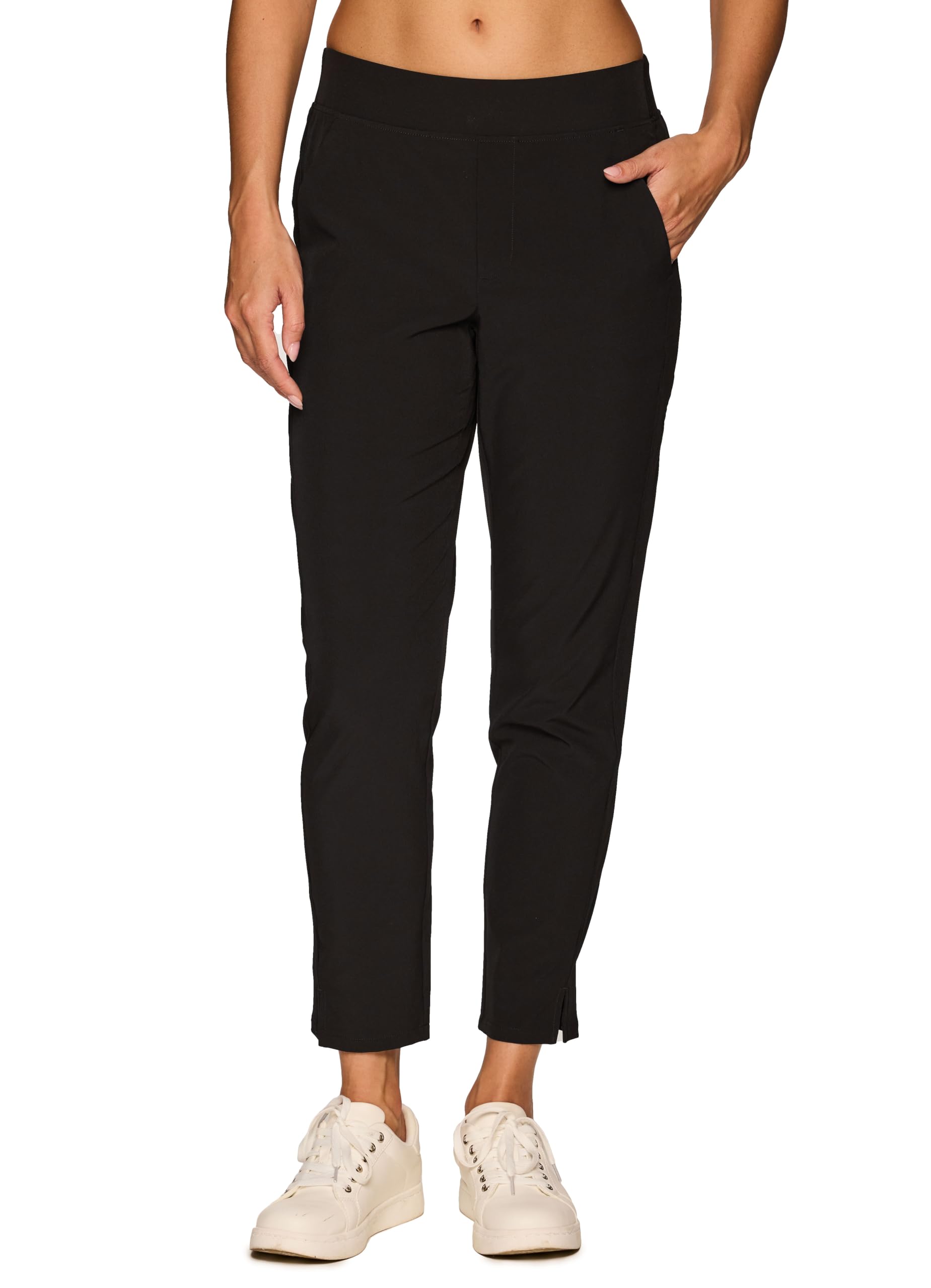 RBX Women's Quick Drying Woven Ankle Pant with Pockets Ribbed Side Jet Black S