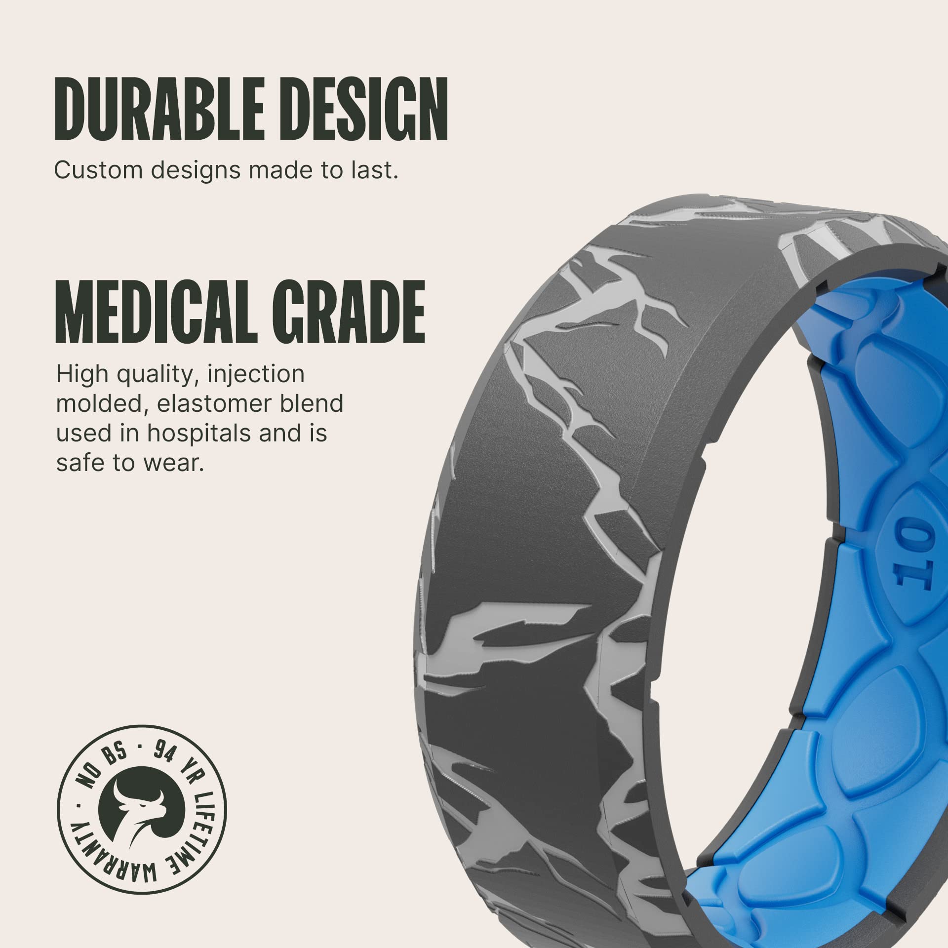 Groove Life 3D Etched Edge Range Deep Stone Silicone Ring Breathable Rubber Wedding Rings for Men, Lifetime Coverage, Unique Design, Comfort Fit Ring - Size 15