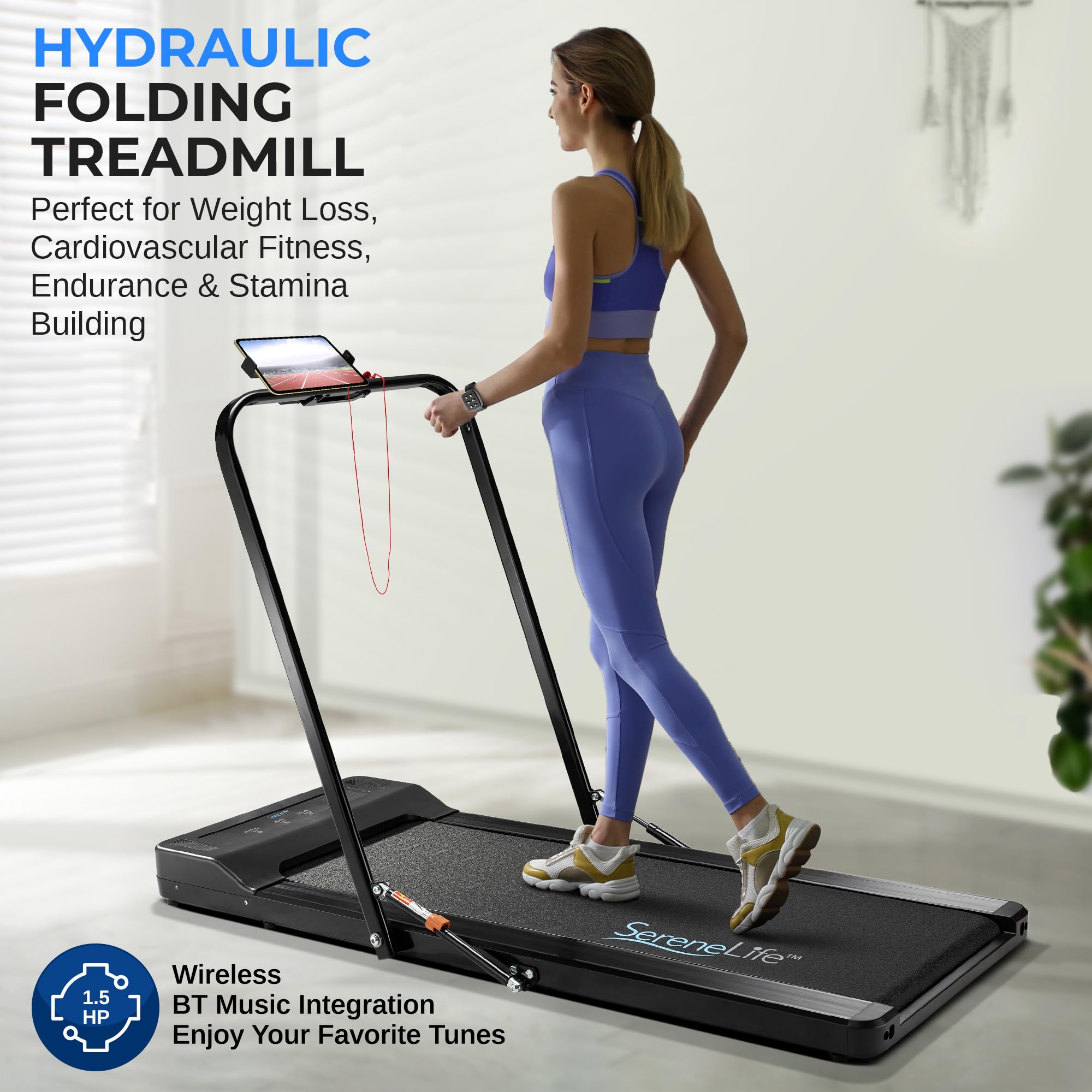 SereneLife Folding Treadmill Exercise Running Machine, Under Desk Storage, Electric Motorized with16 Pre-Set Program, Bluetooth Integration, Home Gym/Office, Walking or Jogging, 265lbs Capacity