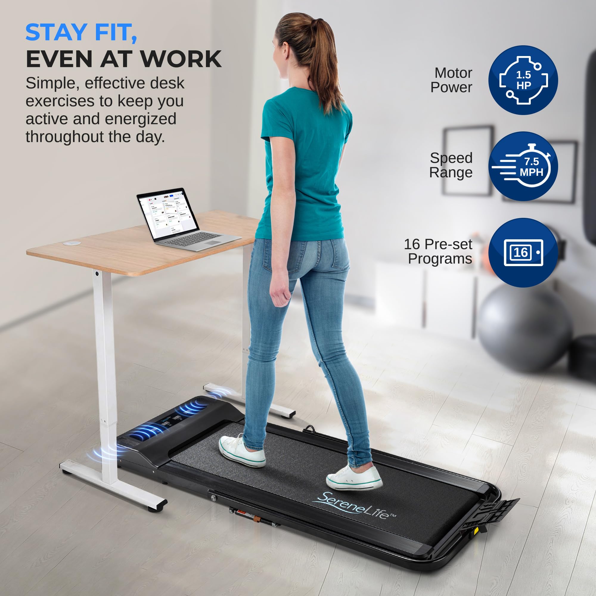 SereneLife Folding Treadmill Exercise Running Machine, Under Desk Storage, Electric Motorized with16 Pre-Set Program, Bluetooth Integration, Home Gym/Office, Walking or Jogging, 265lbs Capacity