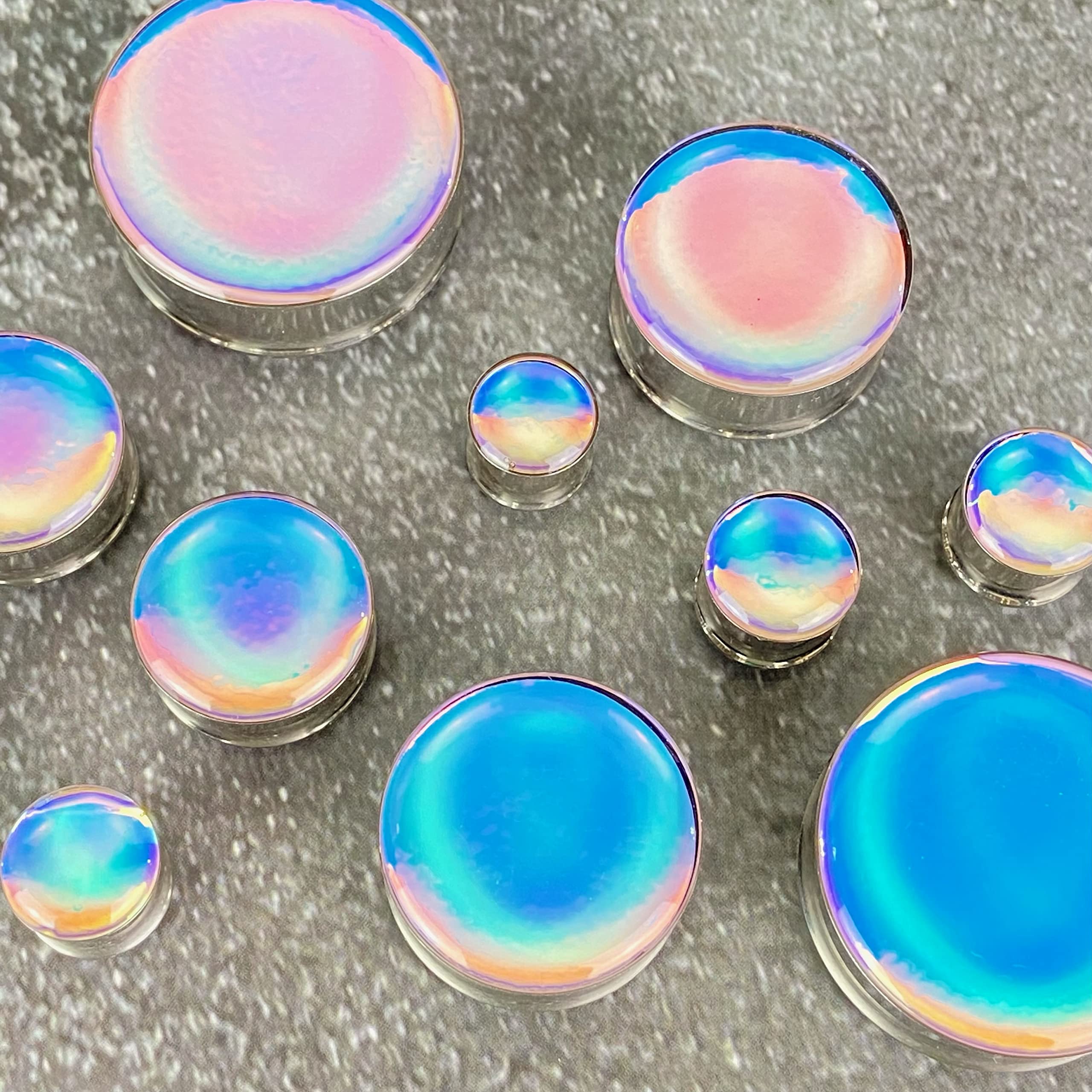 Mystic Metals Body Jewelry Pair of Baby Blue/Pink Opal Color Shift Double Flare Resin Plugs (MTO-052) (1" (25mm))