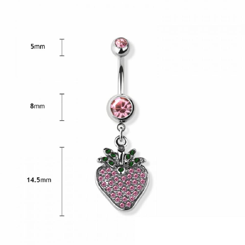 Pierced Owl 14GA 316L Stainless Steel Pink CZ Crystal Strawberry Dangling Belly Button Ring (Gold Tone)