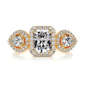 Solid Gold Handmade Engagement Rings 3 CT Cushion Cut Moissanite Diamond Three Stone Halo Bridal Wedding Rings for Anniversary Propose Gifts (18K Solid Yellow Gold)