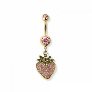 Pierced Owl 14GA 316L Stainless Steel Pink CZ Crystal Strawberry Dangling Belly Button Ring (Gold Tone)